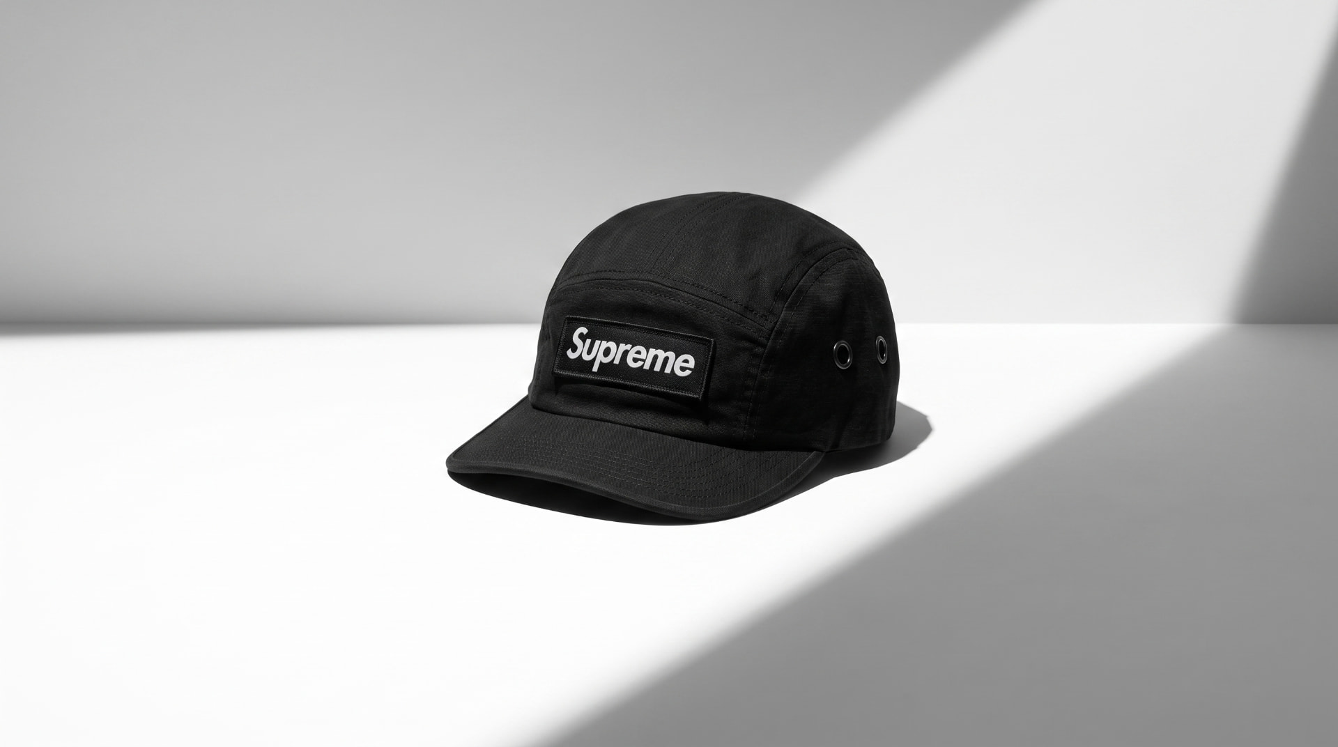 Black 5-panel cap product photograph